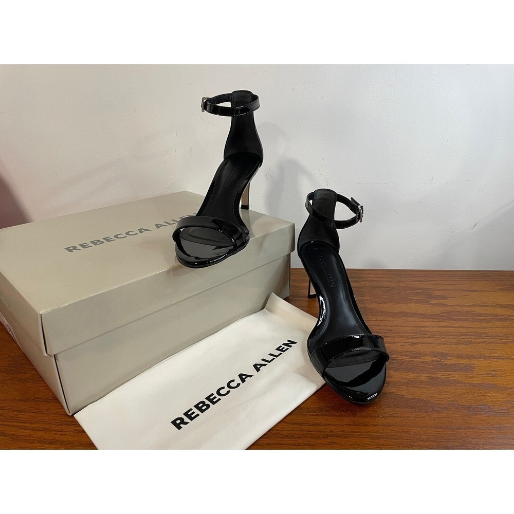 NEW 6 Open Toe Stiletto Heel Black Patent Leather Ankle Strap Rebecca Allen Chic